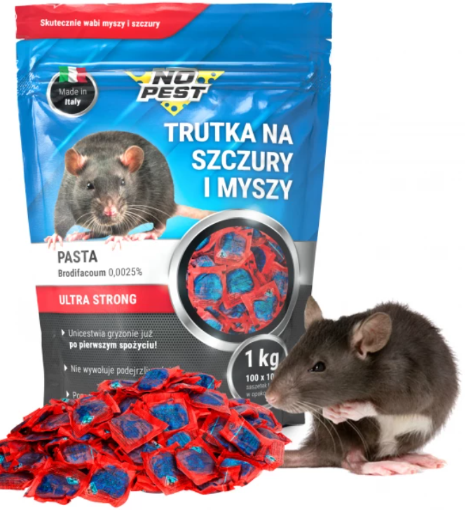 Starkes Gift gegen Ratten, Mäuse und Nagetiere 1 kg No Pest Brodifacoum blaue Paste in Portionsbeuteln