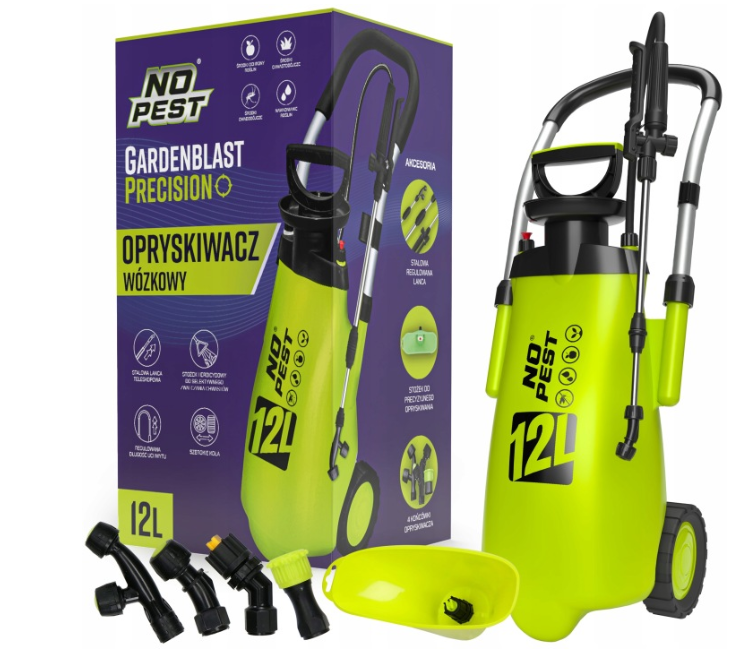 Grote verrijdbare drukspuit op wielen met verwisselbare sproeiers – GardenBlast No Pest® 12L